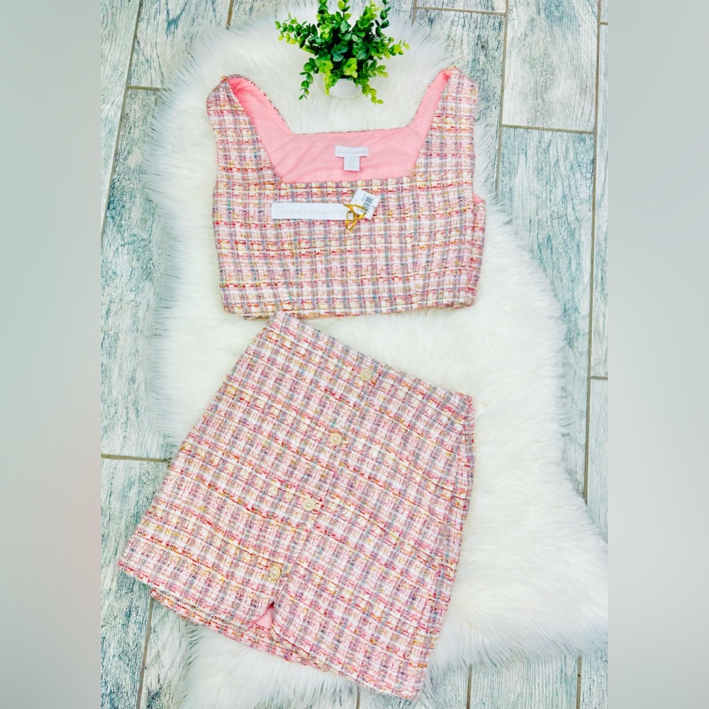 NEW House of Harlow 1960 High Waist Pink Tweed Skirt Crop Top Set